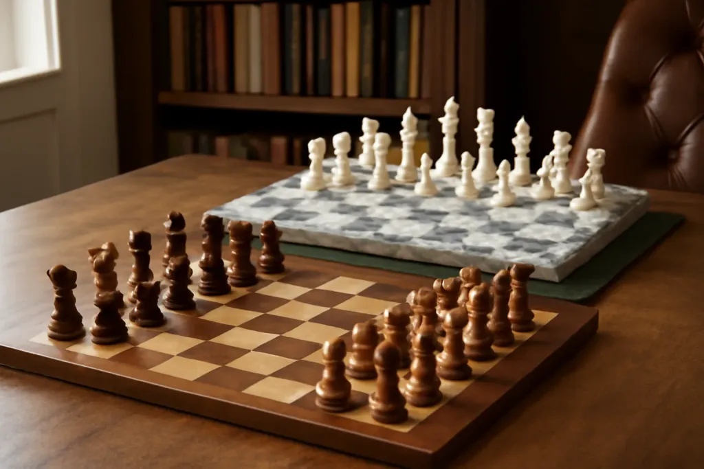 Editorial photograph illustrating Marble vs. Wooden Chess Sets