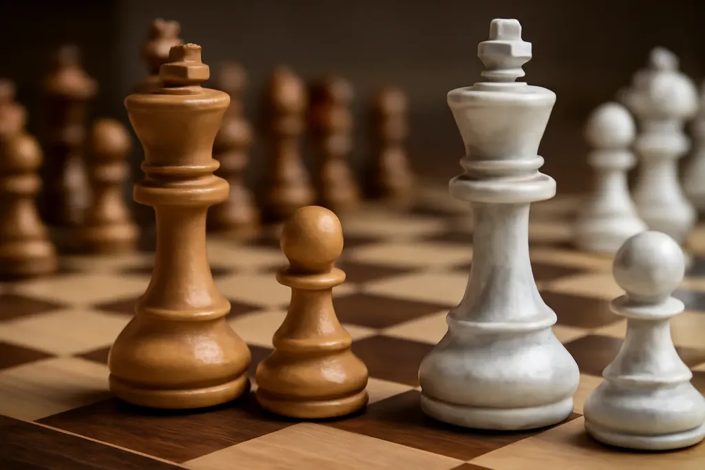 Editorial close-up detail photograph related to Marble vs. Wooden Chess Sets