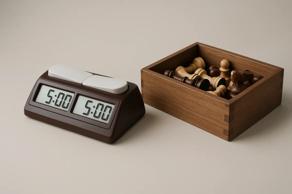 Editorial studio photograph representing chess accessories