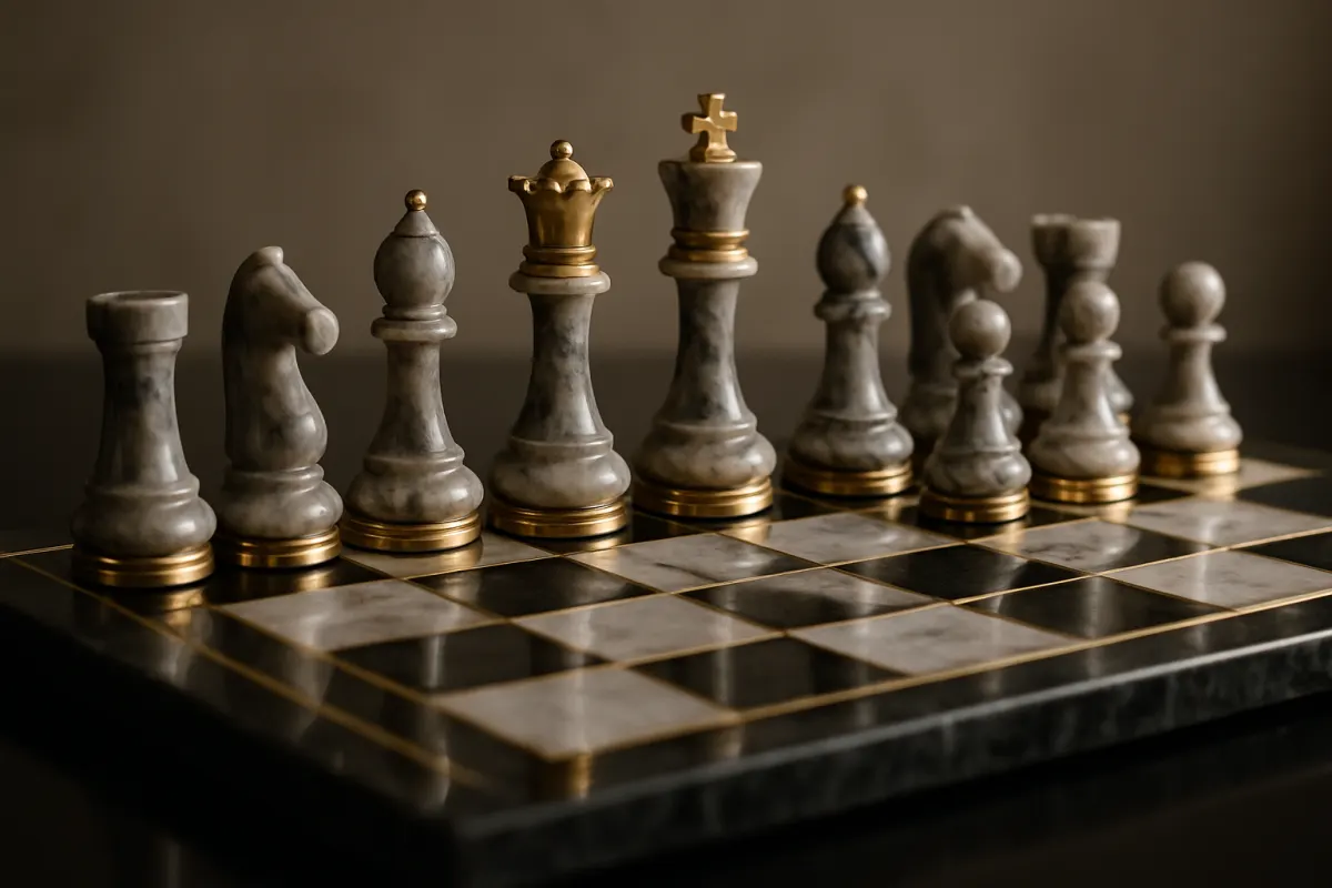 Editorial studio photograph representing luxury chess sets