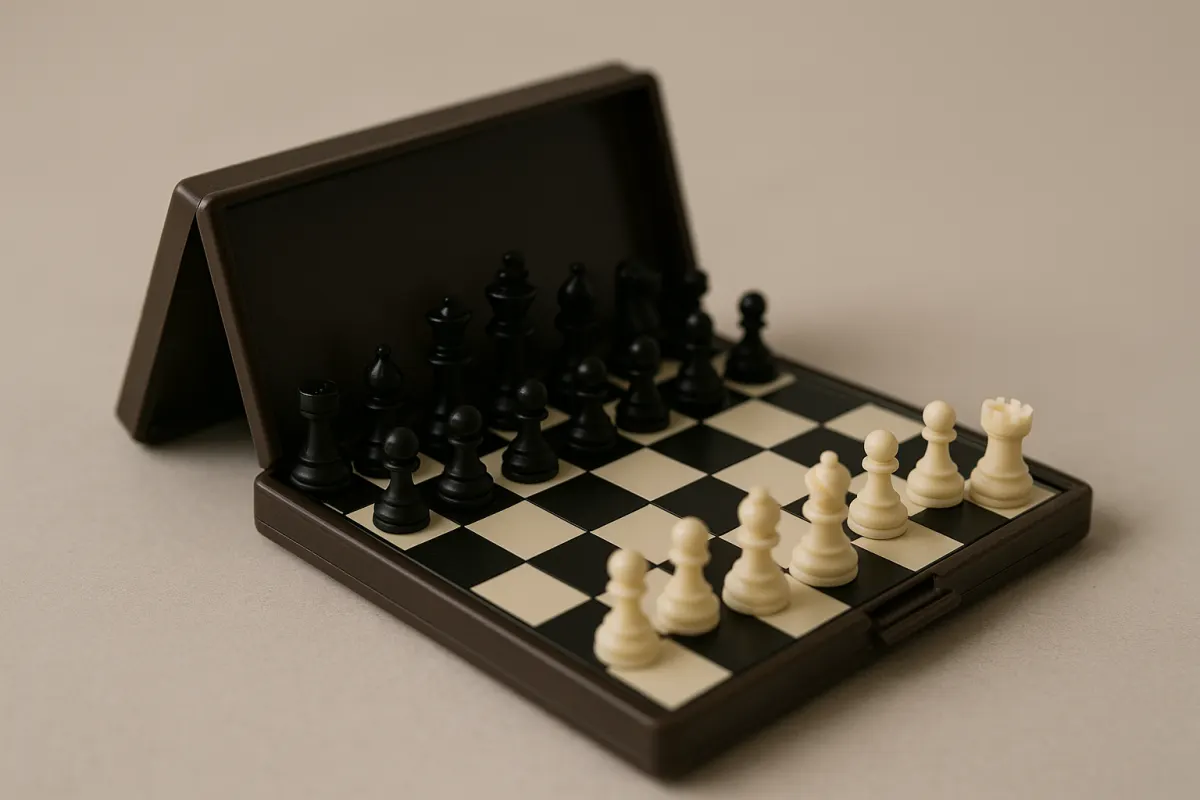 Editorial studio photograph representing travel chess sets