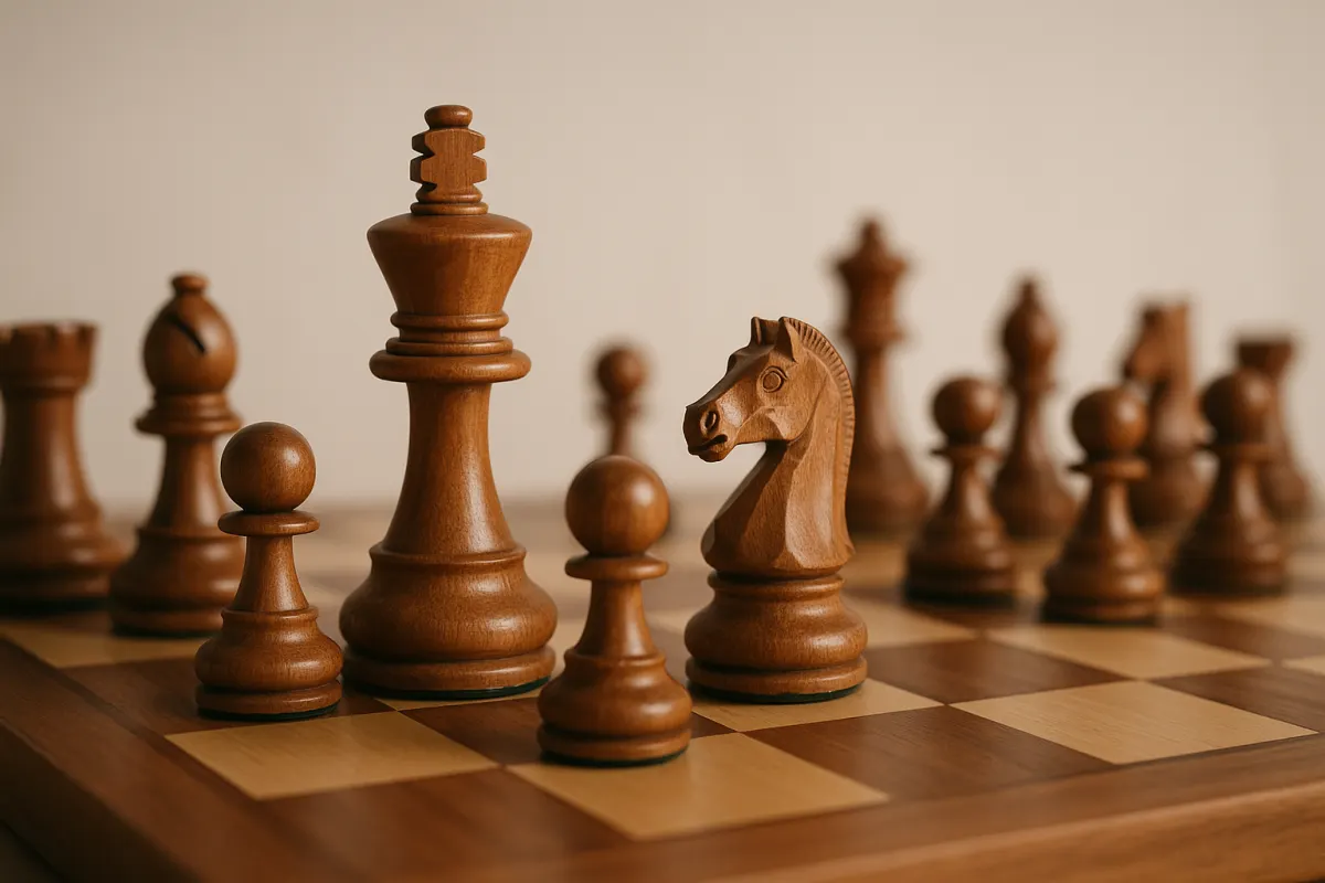 Editorial studio photograph representing wooden chess sets